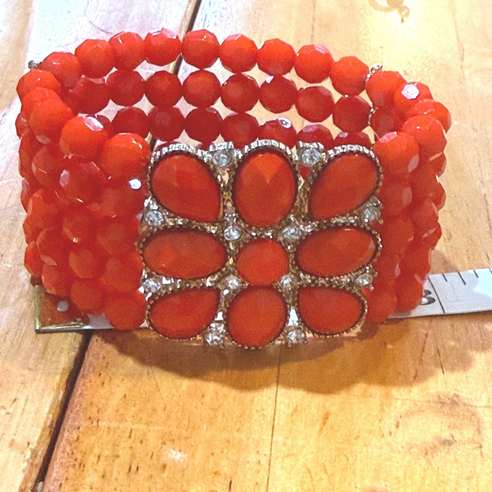 Orange Beaded Multi Strand Stretch Bracelet Floral Rhinestone Statement Cuff